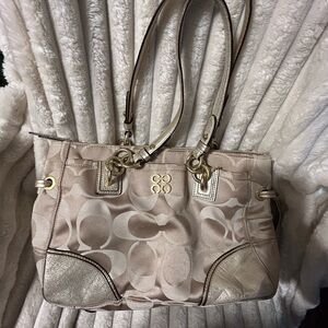 Coach Cream and Gold Shoulder Bag with Signature Monogram